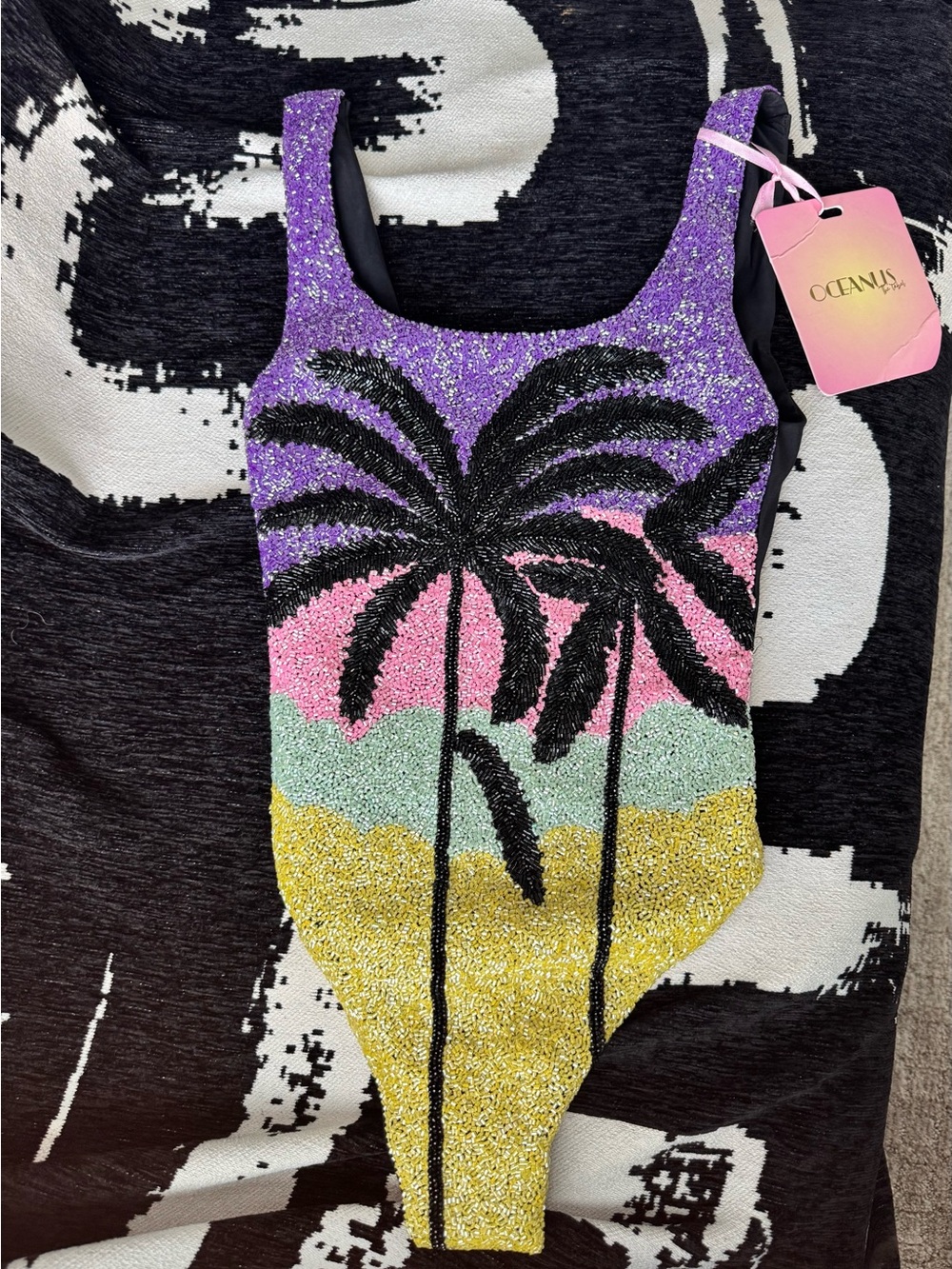 NWT Oceanus Palm Dusk Ombré Beaded One-Piece Scoop Swimsuit